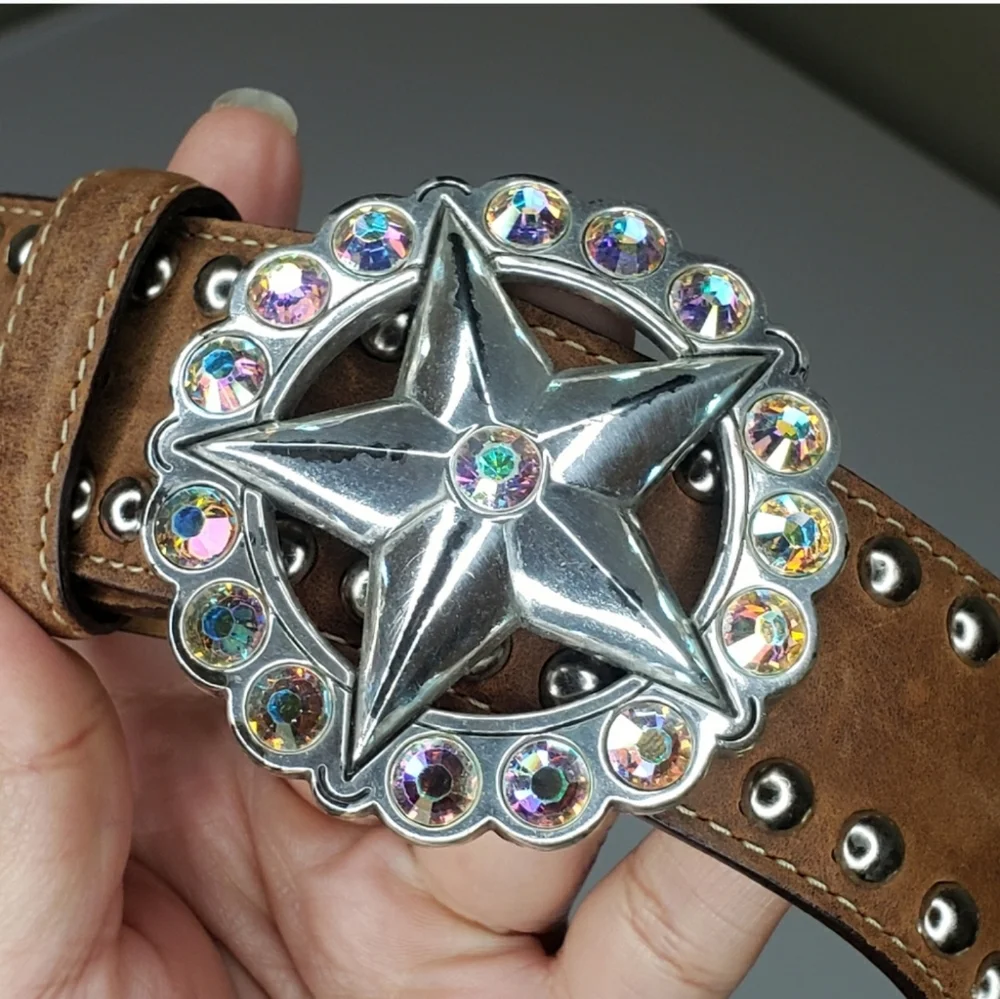 Tony Lama Texas Ranger Star Buckle Leather Western Belt Beaded size 38